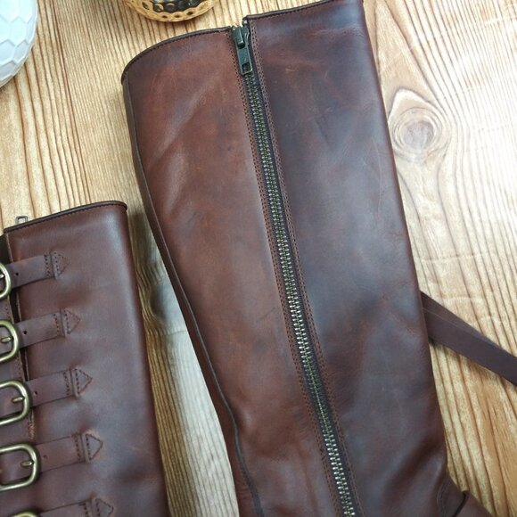 FRYE VERONICA Women Strap Tall Brown leather Boots size 6 Western Boho Moto - Picture 12 of 16